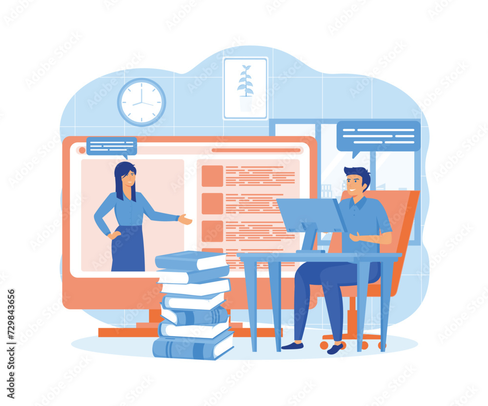  Online education, home schooling. Woman teacher on monitor screen. students in distance learning.  flat vector modern illustration  flat vector modern illustration 