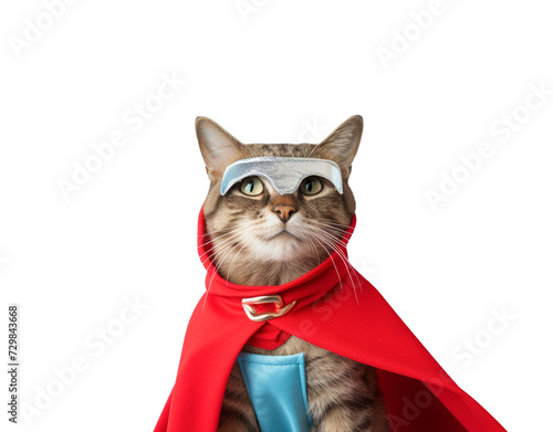Cat with superhero cape and mask. Isolated, transparent background.