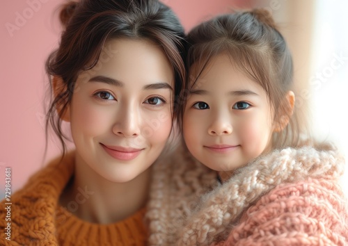 happy vogue fashion Asian mother wearing bright sweatshirt, lovingly embracing her smiling kid