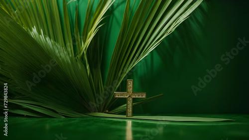 Christian wooden cross with palm tree leaves background  photo