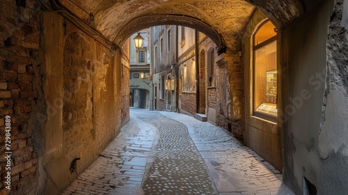  a narrow cobblestone street with a stone arch leading to a store on one side and a lamp on the other side of the alleyway between two buildings.