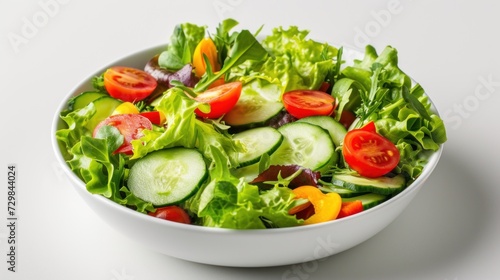  a white bowl filled with a salad of cucumbers, tomatoes, lettuce, and other veggies on top of a white table with a white background.