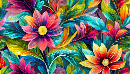 Abstract tropical floral background, vibrant watercolor effect