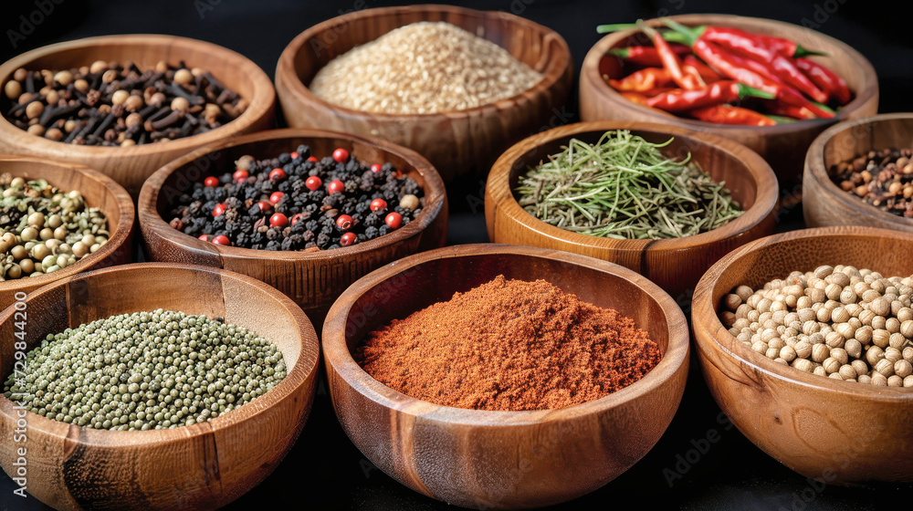 Assorted Wooden Bowls Filled With Flavorful Spices and Herbs Assorted Wooden Bowls Filled With Flavorful Spices and Herbs