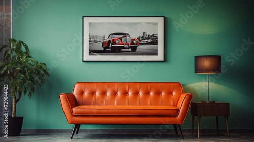 Green sofa and orange chairs in a cozy living room with a poster frame on the wall. Mid-century, vintage, retro style home interior design.