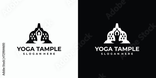 Temple illustration vector logo design with yoga pose silhouette.