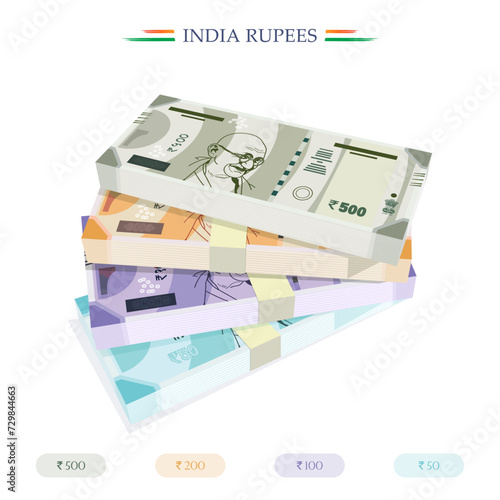 vector India Rupees,10,20,100,200,500, India Currency Notes banknote with white background