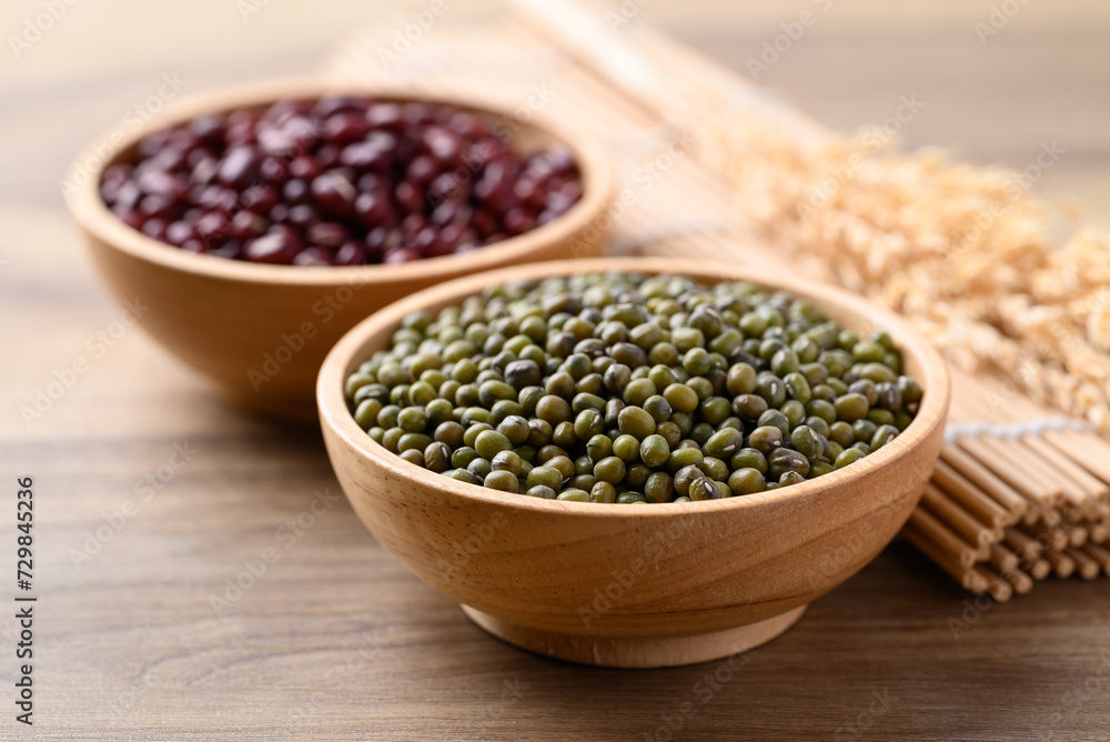 Green and red mung bean in wooden bowl, Food ingredients Green and red mung bean in wooden bowl, Food ingredients