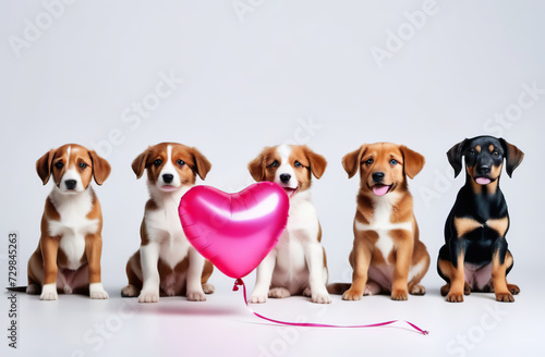 Group of puppy dogs with a pink heart shaped balloon on a gray color background. Banner, copy space for text. Gift for Valentine's Day. Funny Valentines animal, love, wedding. Greeting card, postcard