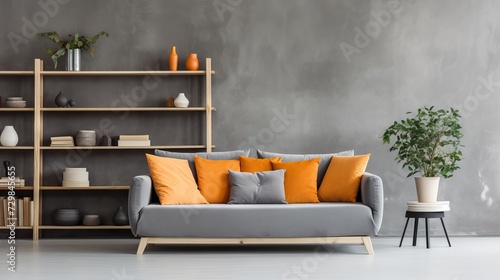 Modern living room with grey sofa, orange and white pillows, and concrete wall with shelves. Scandinavian home interior design concept.