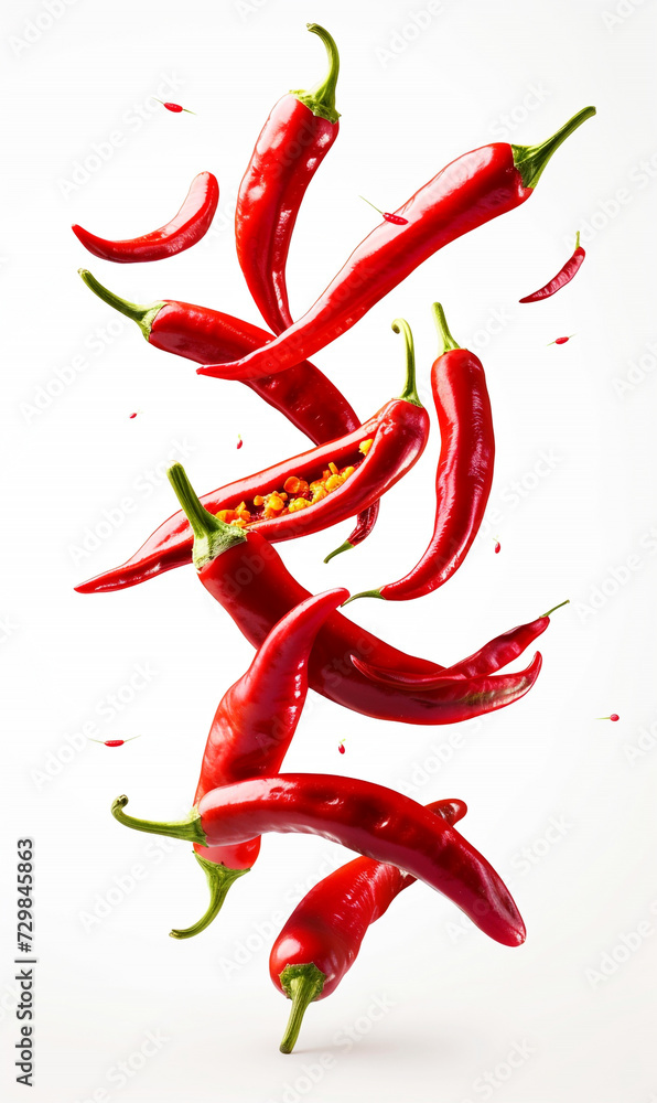 slice of chilies float in the air in white background. slice of chilies float in the air in white background.