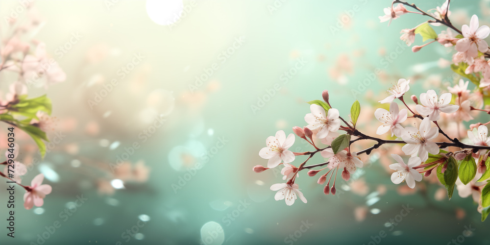 Fototapeta premium Spring banner with cherry blossom and light copy space. Spring season concept. Shallow depth of field.