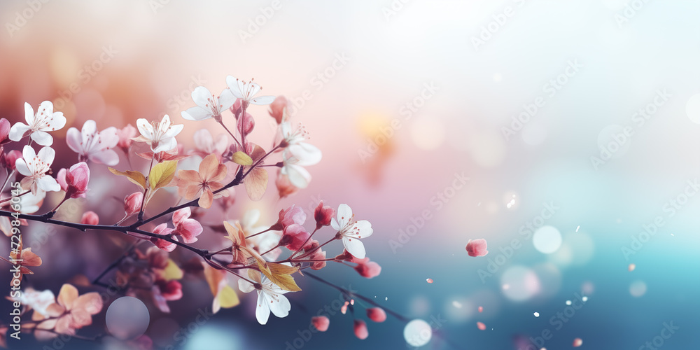 Spring banner with cherry blossom and light copy space. Spring season concept.  Shallow depth of field.