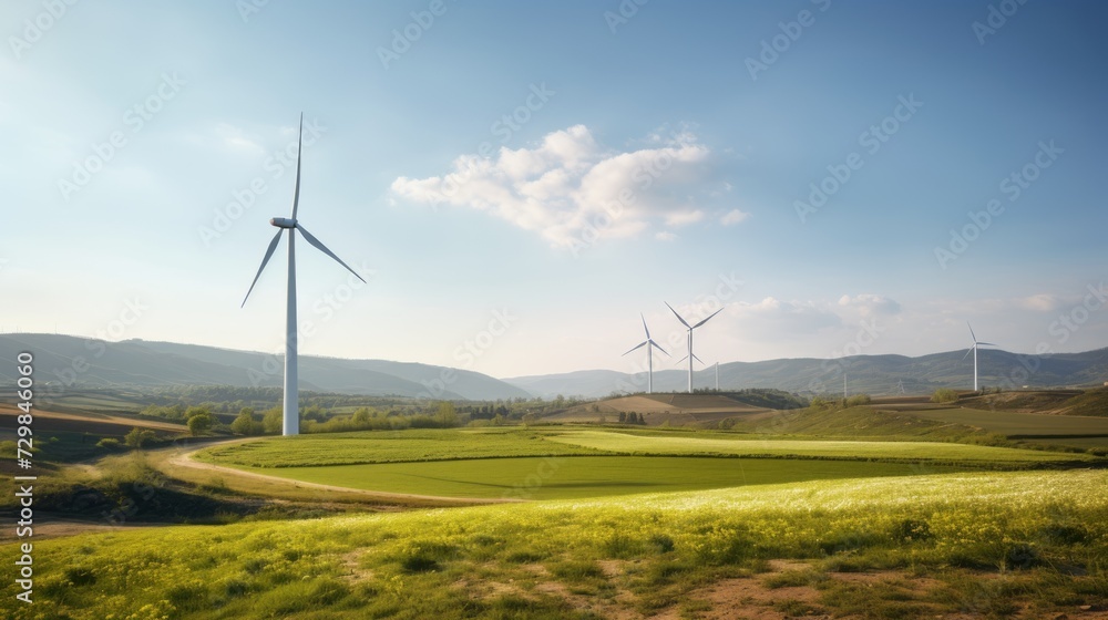 Obraz premium Wind turbines in field power plants amidst a green landscape on a sunny day against a blue sky. A source of alternative renewable electricity in nature.