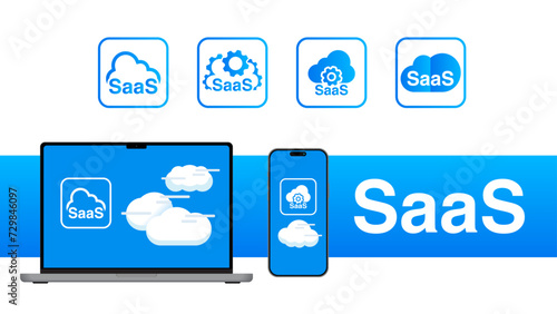 SaaS - Software as a service concept. Digital Web Server and Data Center Services, Cloud service, synchronize. Vector illustration.