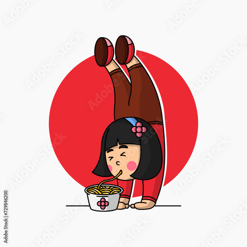 noodle logo character concept, a girl is eating noodles with her feet up