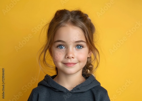 little caucasian girl with colorful sweatshirt in professional colorful photo studio background