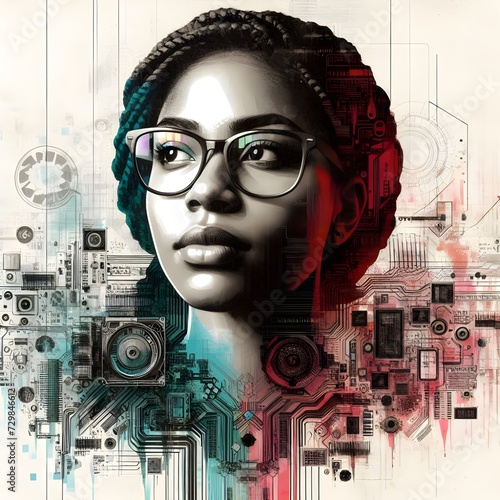 Poster Digital Artwork of a Pensive African Woman With Laptop Amidst Abstract Technological Elements