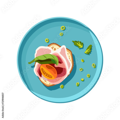 Appetizing bruschetta with smoked meat and tomato on a turquoise plate. Sliced vegetables on toast. Healthy food. Self care. Vector illustration