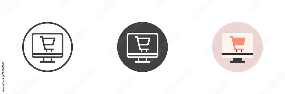 Computer display with shopping cart different style icon set Computer display with shopping cart different style icon set