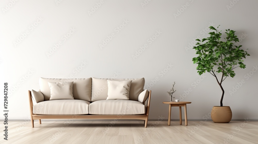 Japandi living room with beige sofa and chair in minimalist home interior design Japandi living room with beige sofa and chair in minimalist home interior design