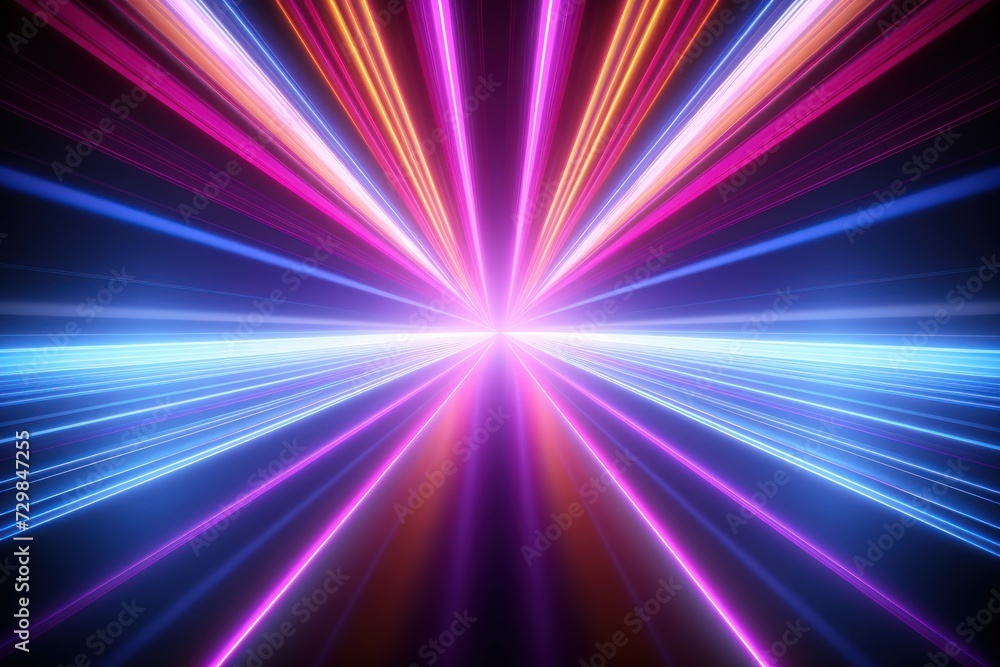 3D render, vibrant neon rays and glowing lines create abstract colorful background