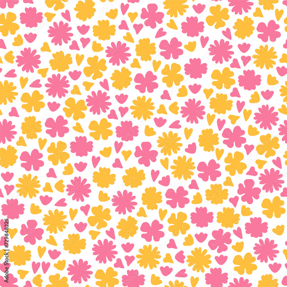 Seamless pattern with pink and yellow flowers and pink and yellow hearts.