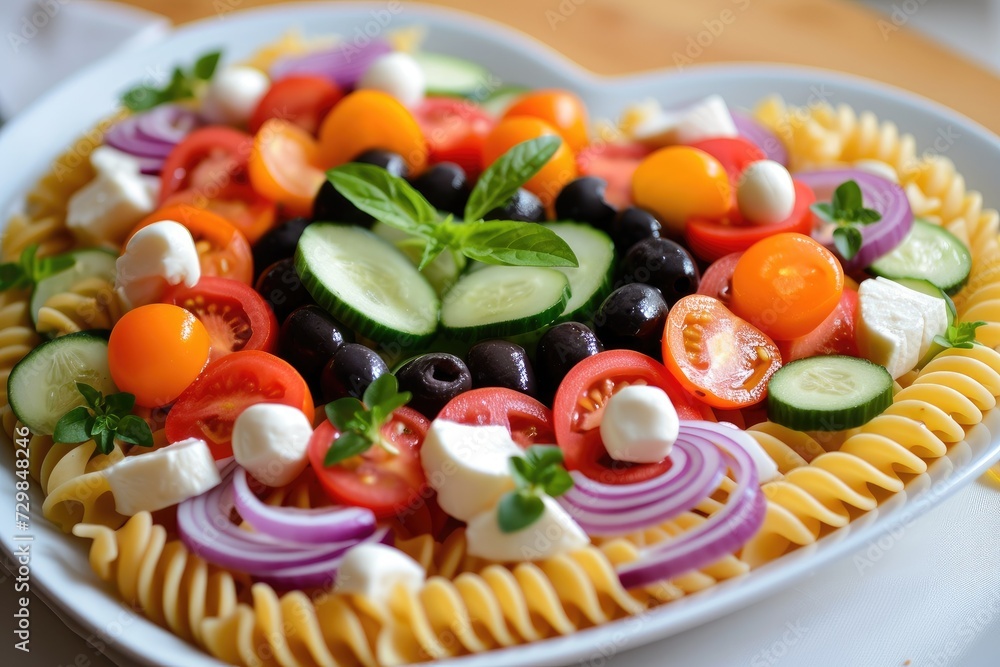 Pasta in the shape heart salad with tomatoes, cucumbers, olives, mozzarella and red onion Greek style.