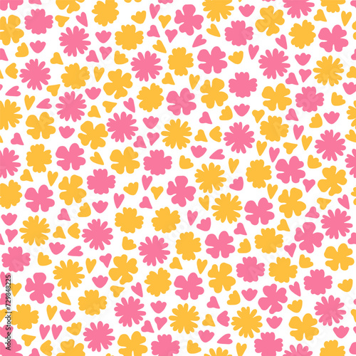 Seamless pattern with pink and yellow flowers and pink and yellow hearts.