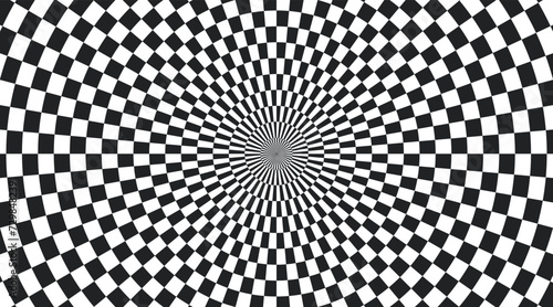 Psychedelic checkered circle background. Round background with checkerboard pattern. Chequer psychedelic mosaic. Chess optical texture. Vector illustration on white background.
