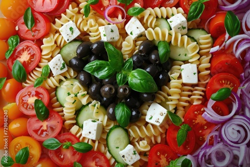 Pasta in the shape heart salad with tomatoes, cucumbers, olives, mozzarella and red onion Greek style.