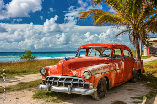 An old car parked on a tropical beach
