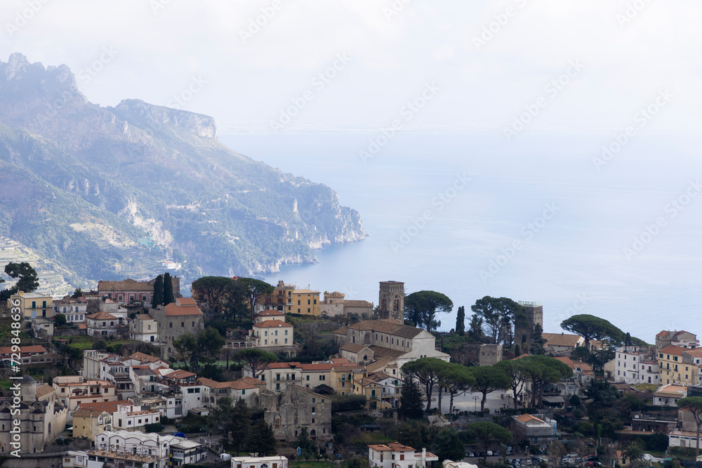 Ravello, Amalfi coast, Salerno, Italy.
view of the town with the Lattari mountains behind illuminated by the sun
