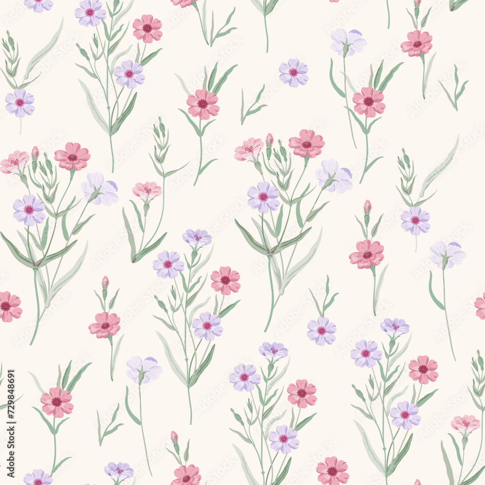 Cute floral pattern in a small flower. Seamless vector texture. An elegant template for fashionable prints. Print with small lilac and pink flowers. Ivory background. Stock print.
