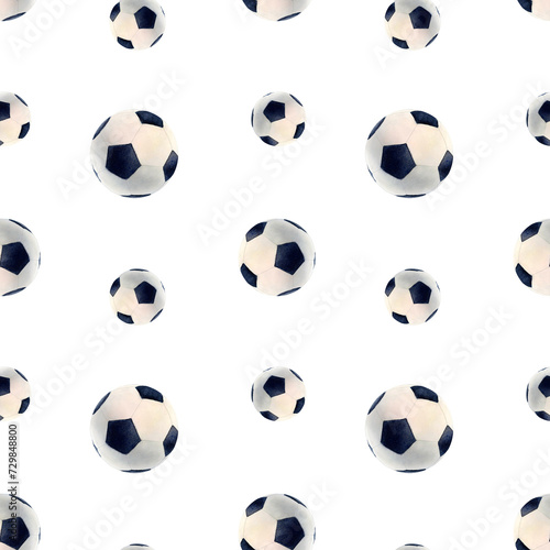 Soccer football pattern watercolor drawing. Seamless sports gear train team. Leather pentagon on white background