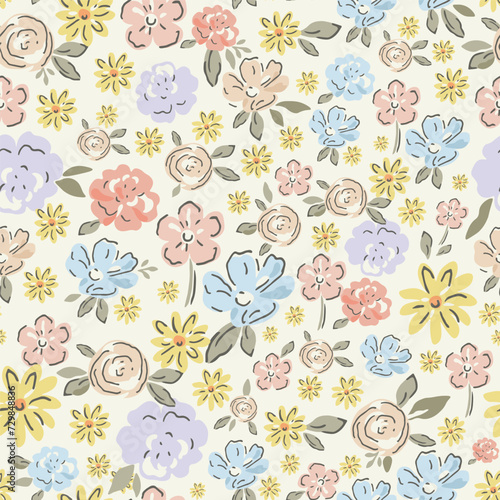 Cute feminine watercolor seamless pattern with wildflowers on a light background.