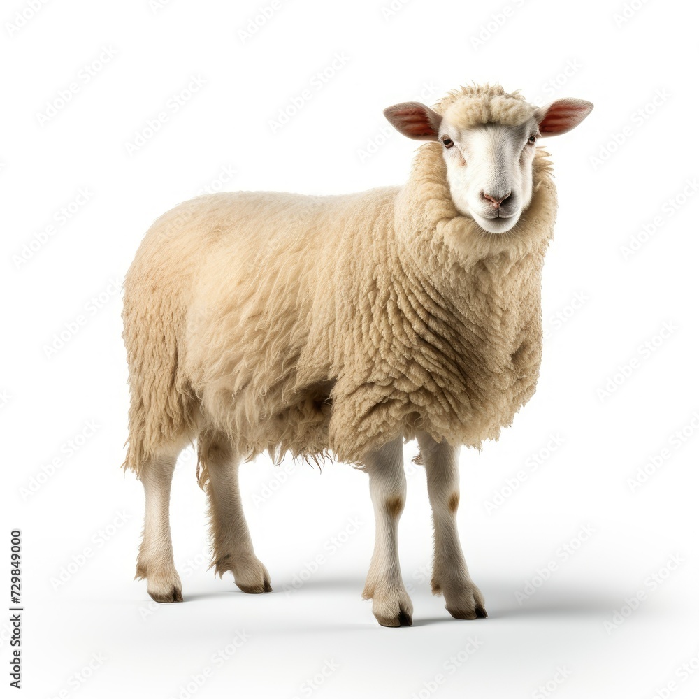 Fototapeta premium Single sheep standing on a white background, looking at the camera.
