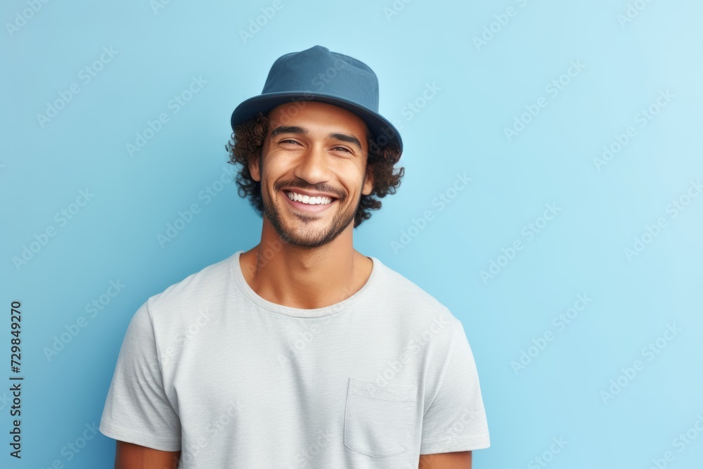 Portrait of happy young man in hat and t-shirt on blue background Portrait of happy young man in hat and t-shirt on blue background