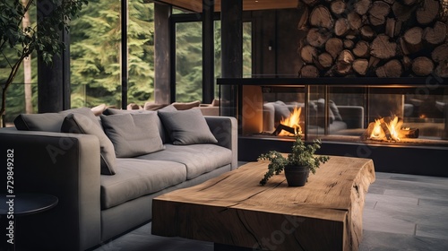 Cozy and stylish living room with live edge coffee table, fireplace, and forest view, Scandinavian home interior design concept