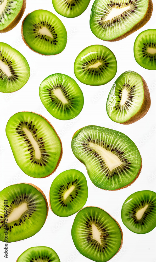 slice of kiwi float in the air in white background. slice of kiwi float in the air in white background.