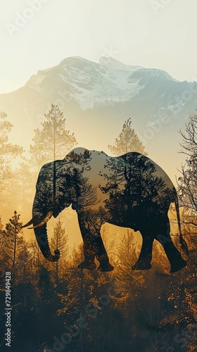 Elephant Silhouette in Mountain Forest Double Exposure
