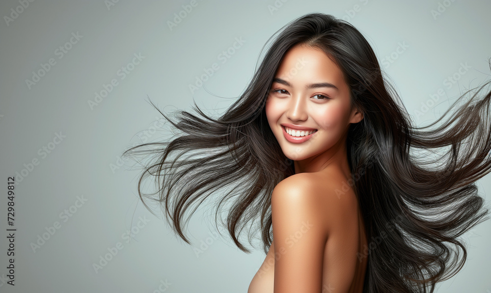 Portrait of a beautiful woman with a bright smile, hair is a beautiful black color, shampoo advertising concept Hair conditioner and cosmetic products,Generative AI Portrait of a beautiful woman with a bright smile, hair is a beautiful black color, shampoo advertising concept Hair conditioner and cosmetic products,Generative AI