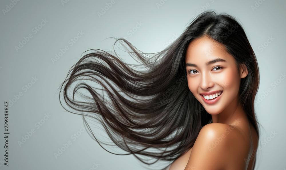 Portrait of a beautiful woman with a bright smile, hair is a beautiful black color, shampoo advertising concept Hair conditioner and cosmetic products,Generative AI Portrait of a beautiful woman with a bright smile, hair is a beautiful black color, shampoo advertising concept Hair conditioner and cosmetic products,Generative AI