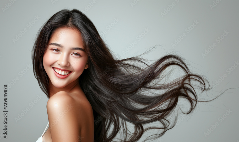 Portrait of a beautiful woman with a bright smile, hair is a beautiful black color, shampoo advertising concept Hair conditioner and cosmetic products,Generative AI Portrait of a beautiful woman with a bright smile, hair is a beautiful black color, shampoo advertising concept Hair conditioner and cosmetic products,Generative AI