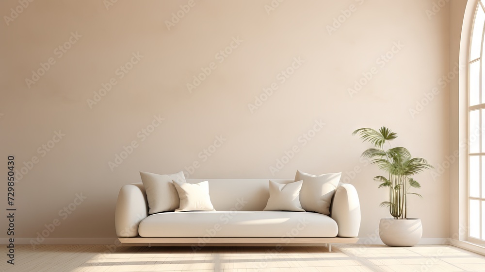 Modern and cozy loft living room with beige sofa, terra cotta pillows, and arched window Modern and cozy loft living room with beige sofa, terra cotta pillows, and arched window