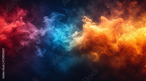 Vibrant colorful smoke on dark backdrop with ink splatters in shades of red, green, and brown.