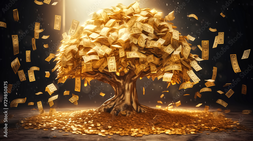Enchanting golden money tree in full bloom with golden shine, bu - obrazy, fototapety, plakaty 