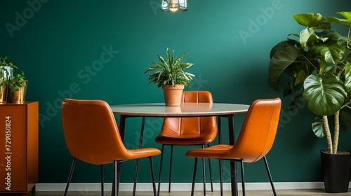 Scandinavian style living room with orange leather chairs and round dining table