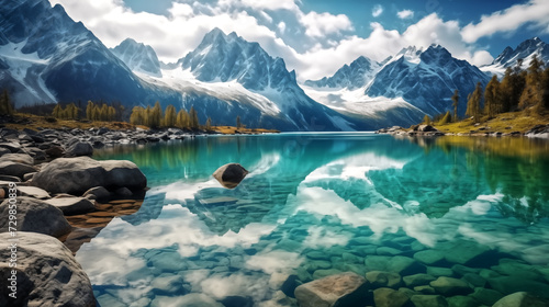 Pristine turquoise lake nestled in a picturesque valley, reflect photo