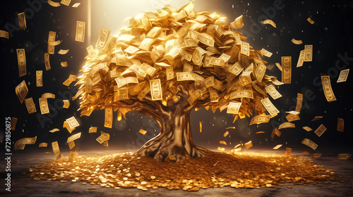 Enchanting golden money tree in full bloom with golden shine, bu